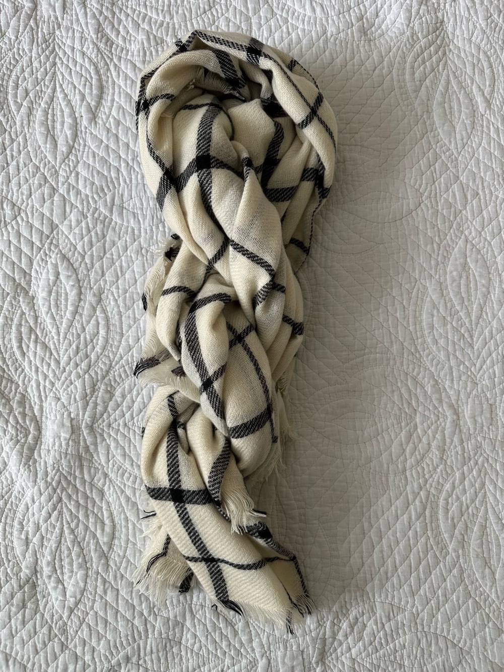 Cozy Ivory Plaid Fringe Scarf